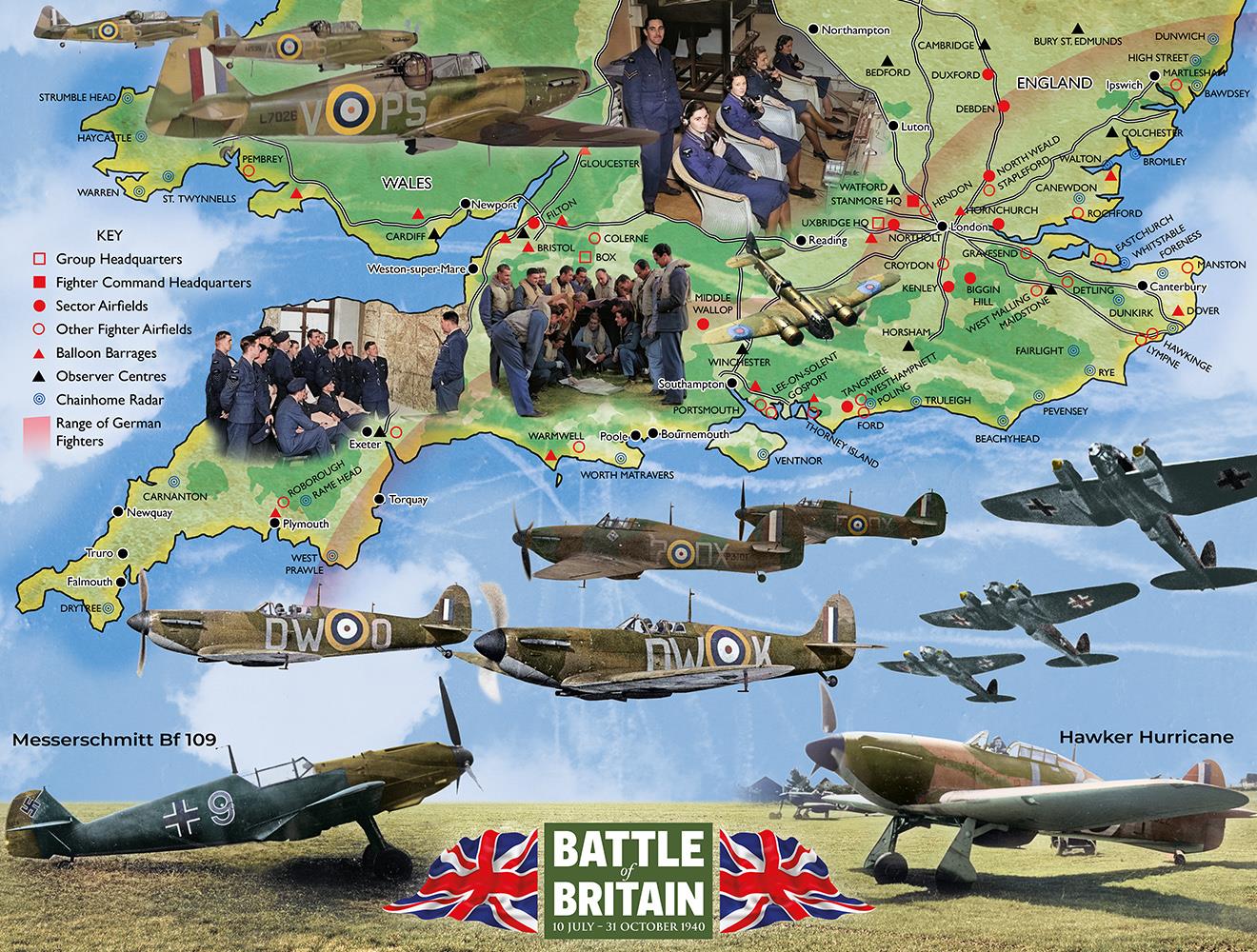 Map of England with Battle of Britain aircraft and personnel, featuring a key and British flags.
