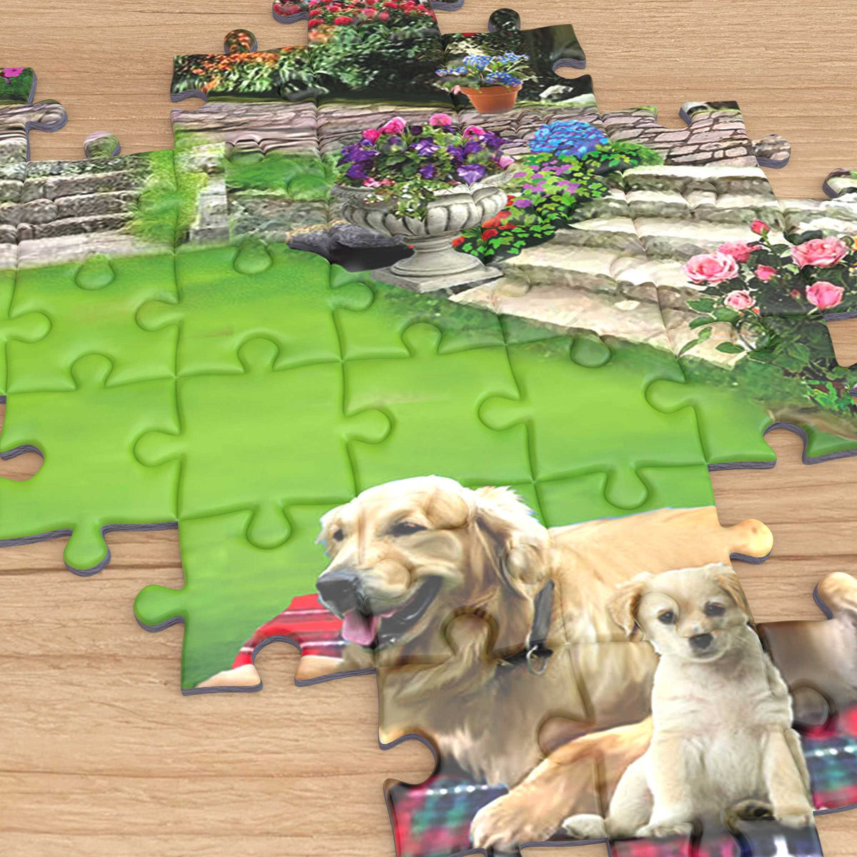 Puzzles de 1000 ou 500 pièces Chiens dans un jardin de campagne