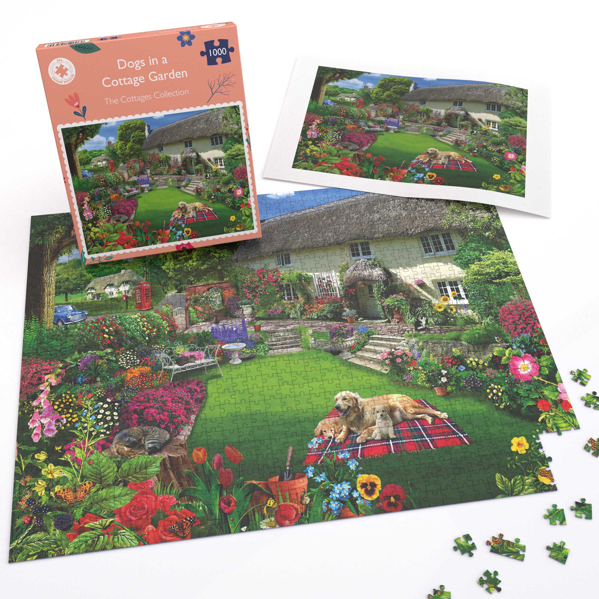 Puzzles de 1000 ou 500 pièces Chiens dans un jardin de campagne