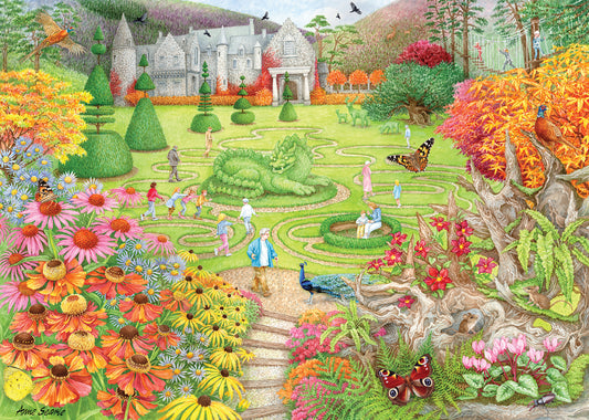 Colorful garden scene with people, animals, and a castle in the background