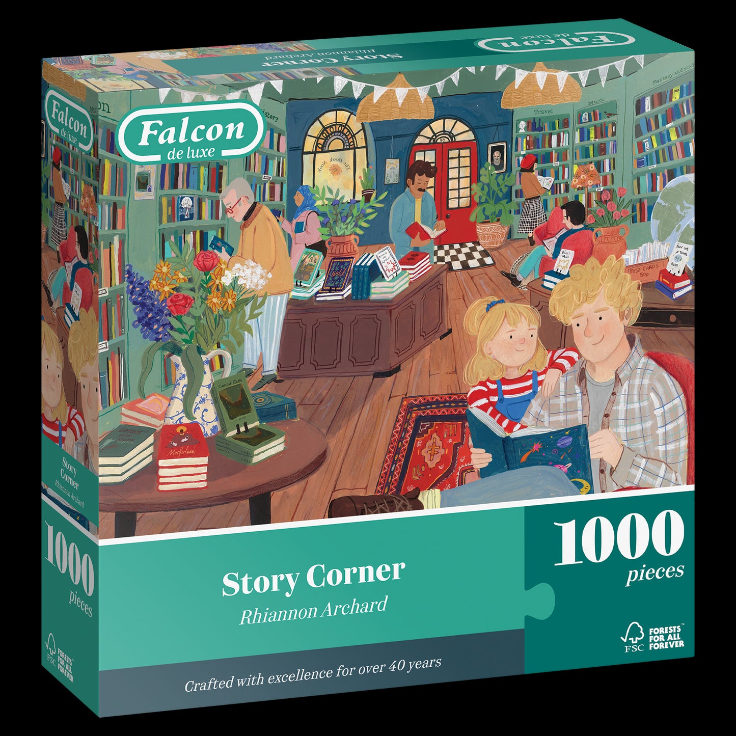 Jigsaw puzzle box titled 'Story Corner' by Falcon de luxe with a colorful illustration of a storytime scene.