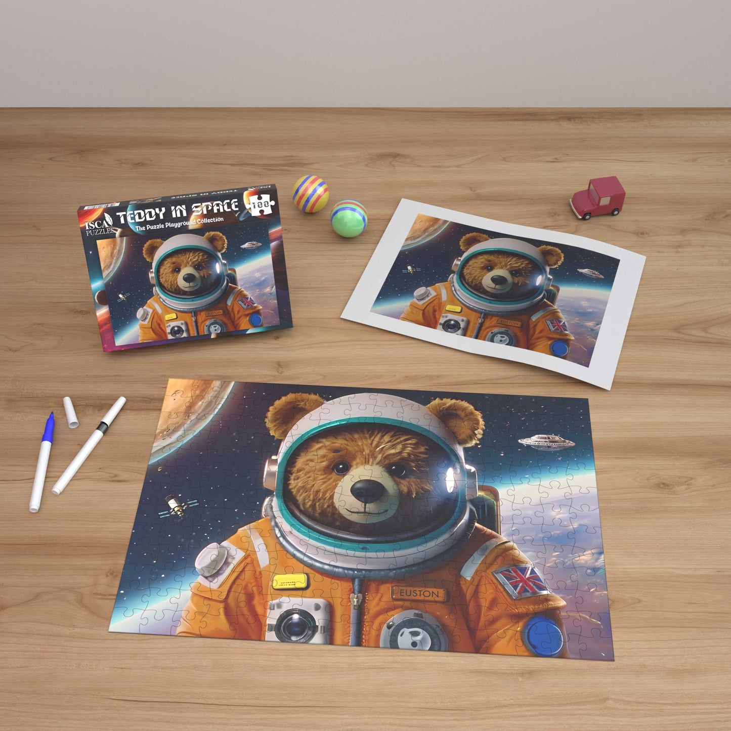 Teddy im Weltraum, 100-teiliges Holzpuzzle