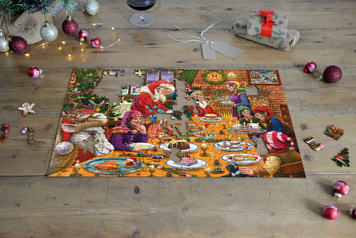 Weihnachtsessen in der Werkstatt des Weihnachtsmanns – 300-teiliges Holzpuzzle