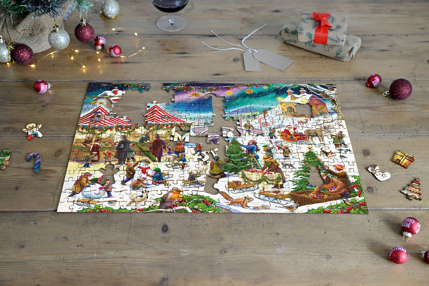 Puzzle en bois Rudolf Farkas 300 pièces - Fête du village de Noël