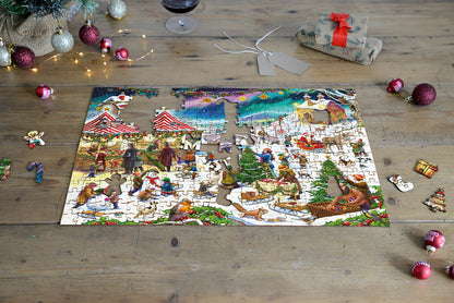 Puzzle en bois Rudolf Farkas 300 pièces - Fête du village de Noël