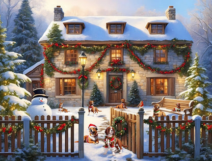 Hunde in einem weihnachtlichen Bauerngarten, 1000- oder 500-teiliges Puzzle